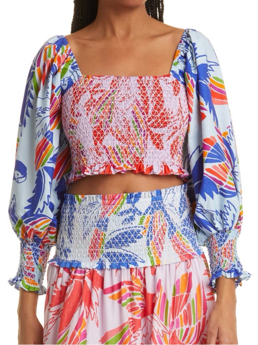 Farm Rio Mixed Print Smocked Cotton Crop Top Puff Sleeve Medium NWT - Picture 3 of 12